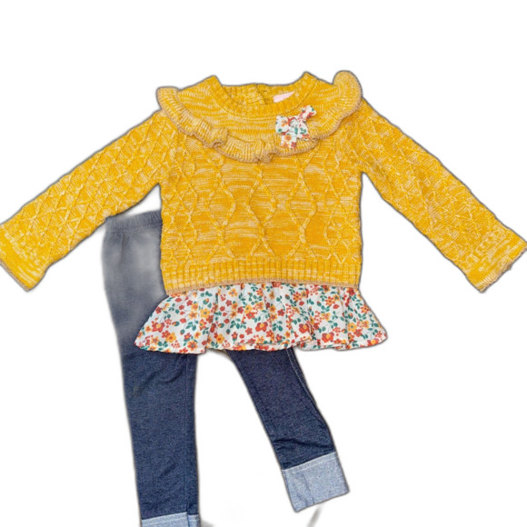 Little Lass Marigold Yellow Ruffle Neck Floral Peplum Sweater Jean Set 2T - Picture 8 of 8